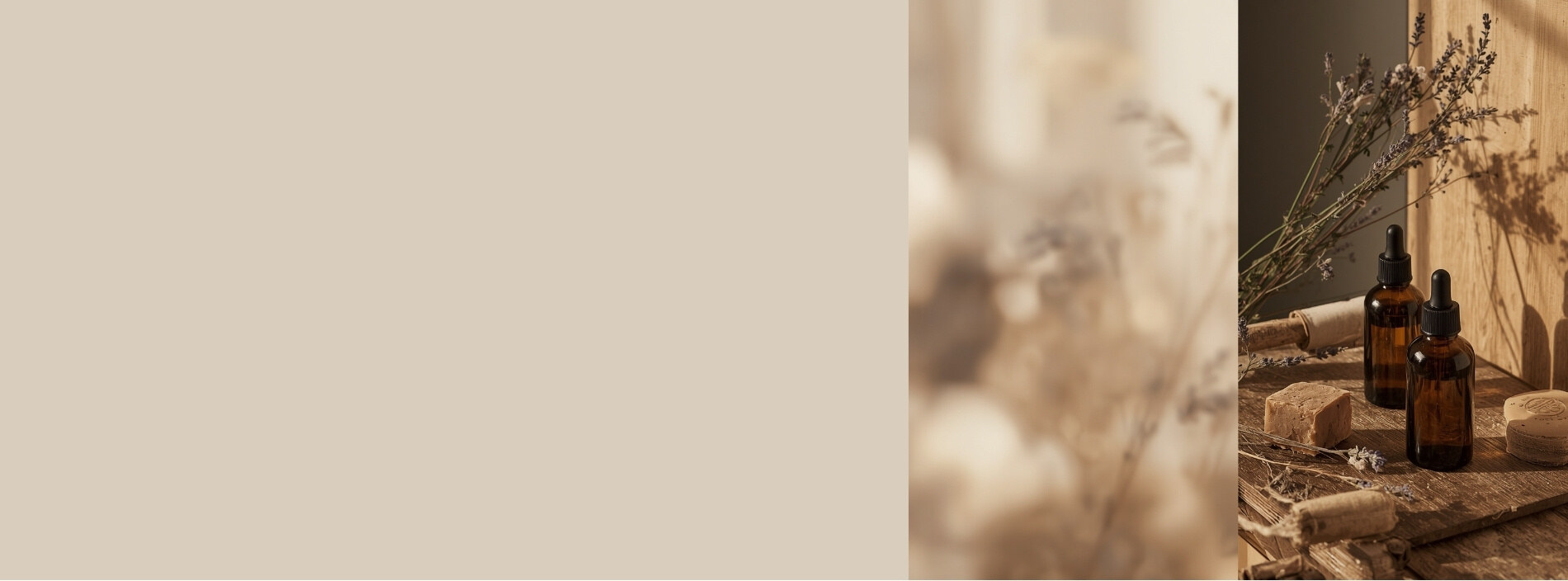 Handmade natural skincare — amber bottles, soap and botanicals
